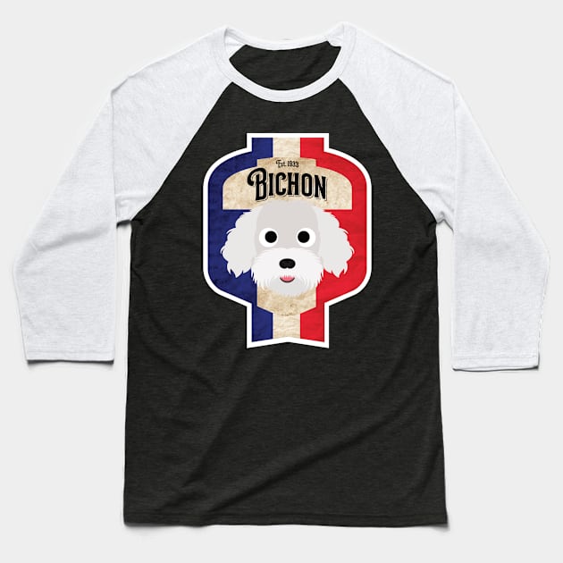 Bichon - Distressed French Bichon Beer Label Design Baseball T-Shirt by DoggyStyles